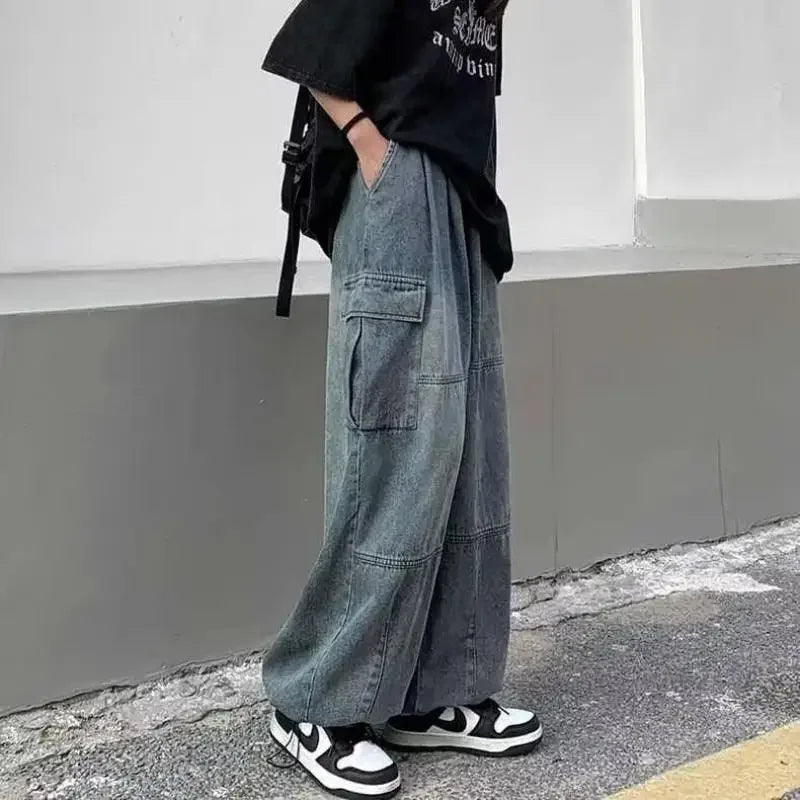 Men Retro Harajuku Wide Leg Jeans  Waist Streetwear Trousers