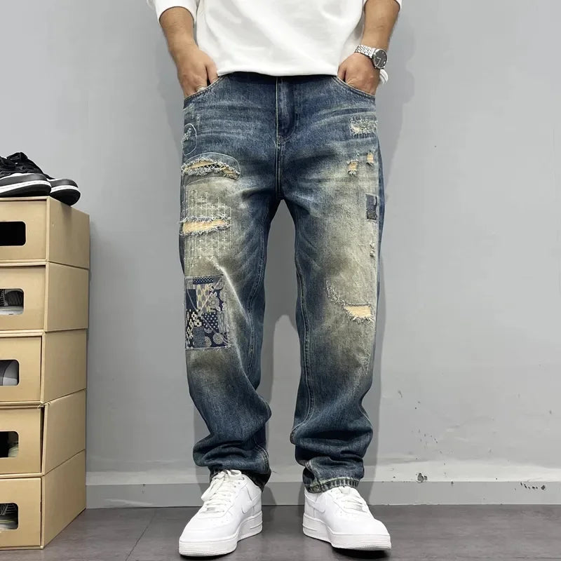 Baggy Jeans Vintage Distressed Patchwork Jeans Men's Street Streetwear
