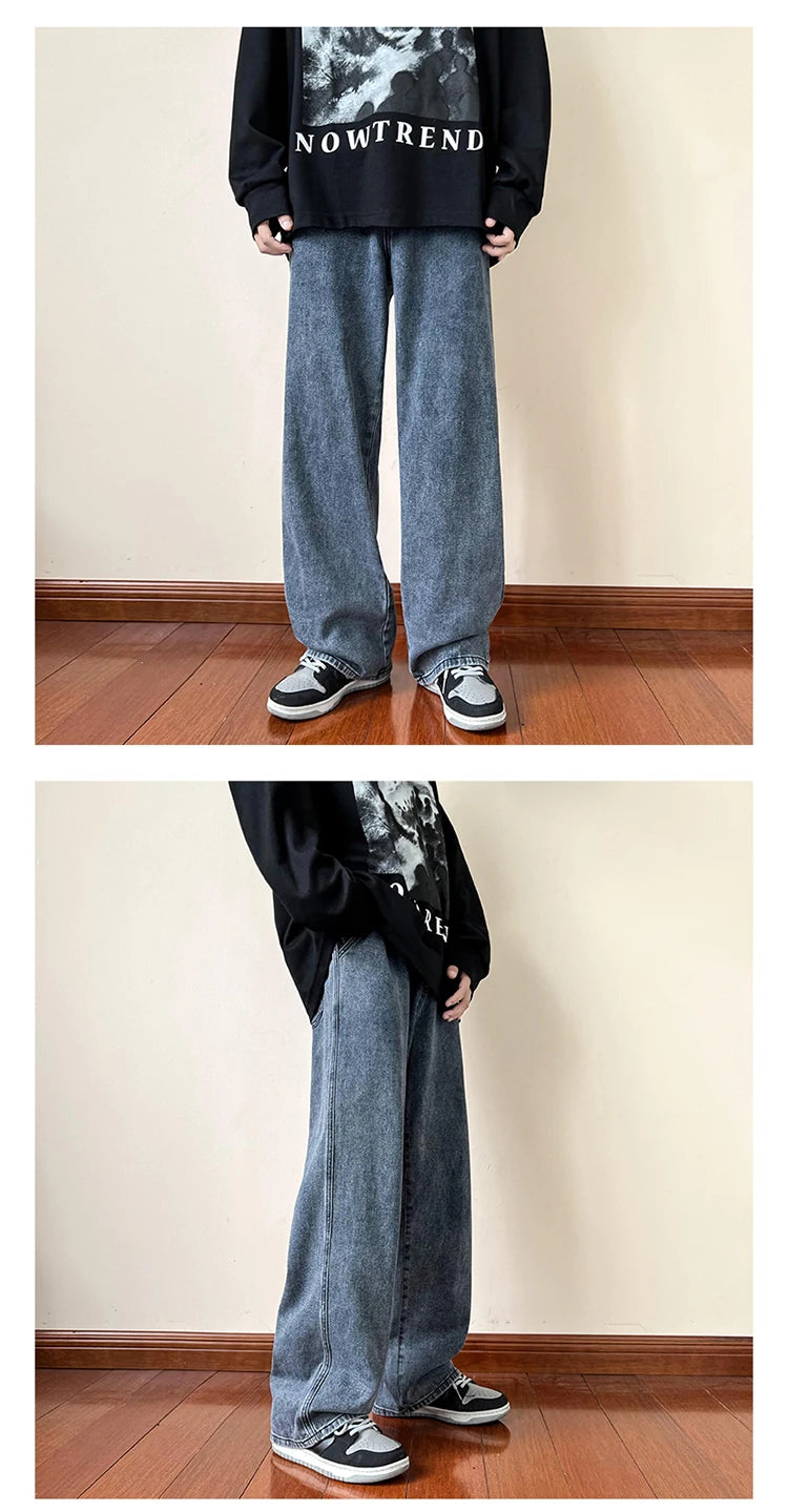 New Korean Fashion Men's Baggy Jeans High Street Man Straight Denim Wide-leg Pants Hip Hop Bagy Light Blue Grey Black