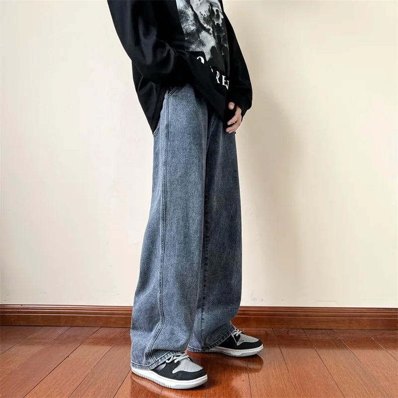New Korean Fashion Men's Baggy Jeans High Street Man Straight Denim Wide-leg Pants Hip Hop Bagy Light Blue Grey Black
