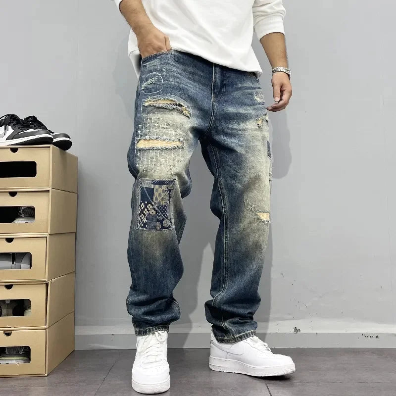 Baggy Jeans Vintage Distressed Patchwork Jeans Men's Street Streetwear