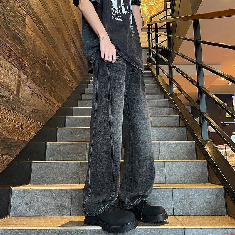 Men's Baggy Straight-Leg Denim Pants | Business Casual Wide-Loose Fit Jeans for Spring/Autumn All-Season Styling