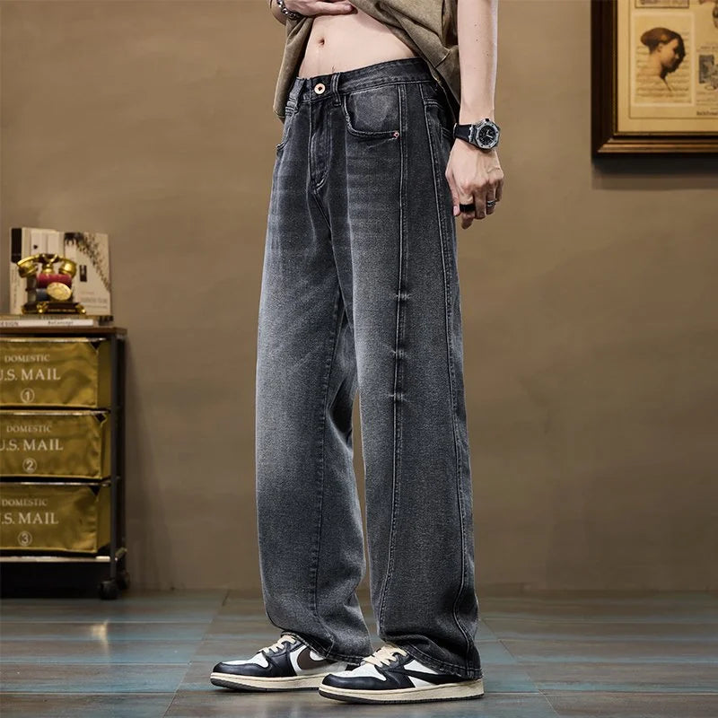Men's Baggy Straight-Leg Denim Pants | Business Casual Wide-Loose Fit Jeans for Spring/Autumn All-Season Styling