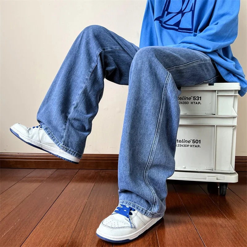 New Korean Fashion Men's Baggy Jeans High Street Man Straight Denim Wide-leg Pants Hip Hop Bagy Light Blue Grey Black