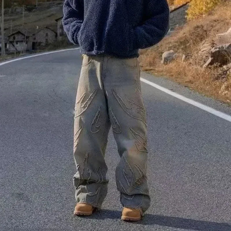 Men Baggy Aesthetic Streetwear Jeans Male Retro Fashion Wide Leg Denim Pants Graphic Embroidered Designer Hip Pop Denim Trousers