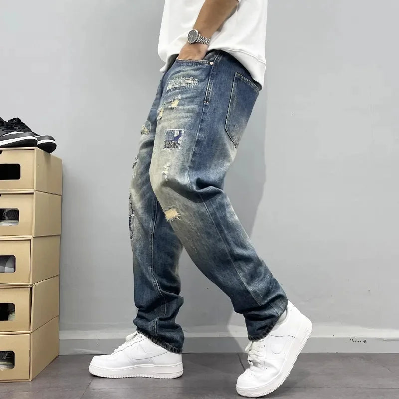 Baggy Jeans Vintage Distressed Patchwork Jeans Men's Street Streetwear