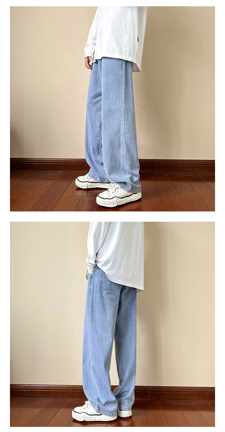 New Korean Fashion Men's Baggy Jeans High Street Man Straight Denim Wide-leg Pants Hip Hop Bagy Light Blue Grey Black