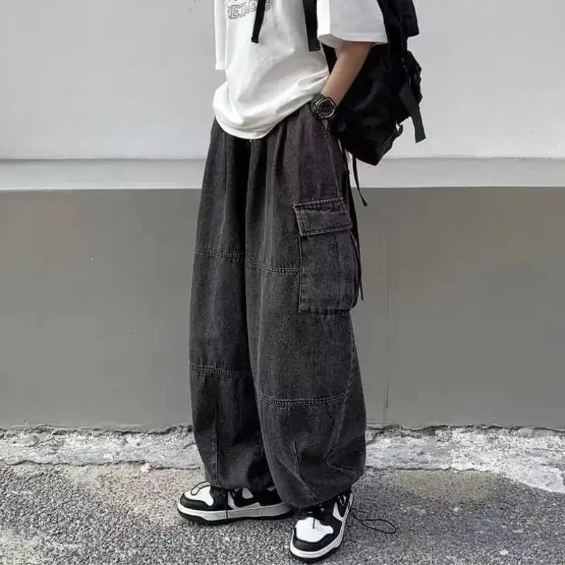Men Retro Harajuku Wide Leg Jeans  Waist Streetwear Trousers