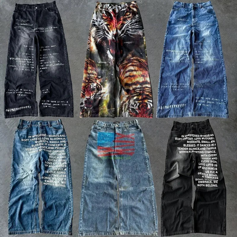 Y2K Baggy Jeans men Harajuku 2000s Gothic American Pattern letter jeans vintage Hip Hop men women Fashion Casual wide leg jeans