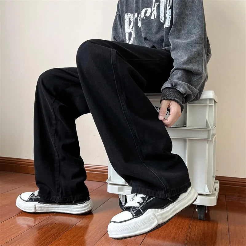 New Korean Fashion Men's Baggy Jeans High Street Man Straight Denim Wide-leg Pants Hip Hop Bagy Light Blue Grey Black