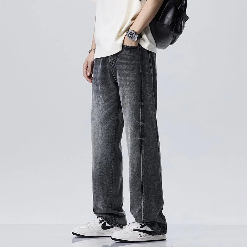 Men's Baggy Straight-Leg Denim Pants | Business Casual Wide-Loose Fit Jeans for Spring/Autumn All-Season Styling