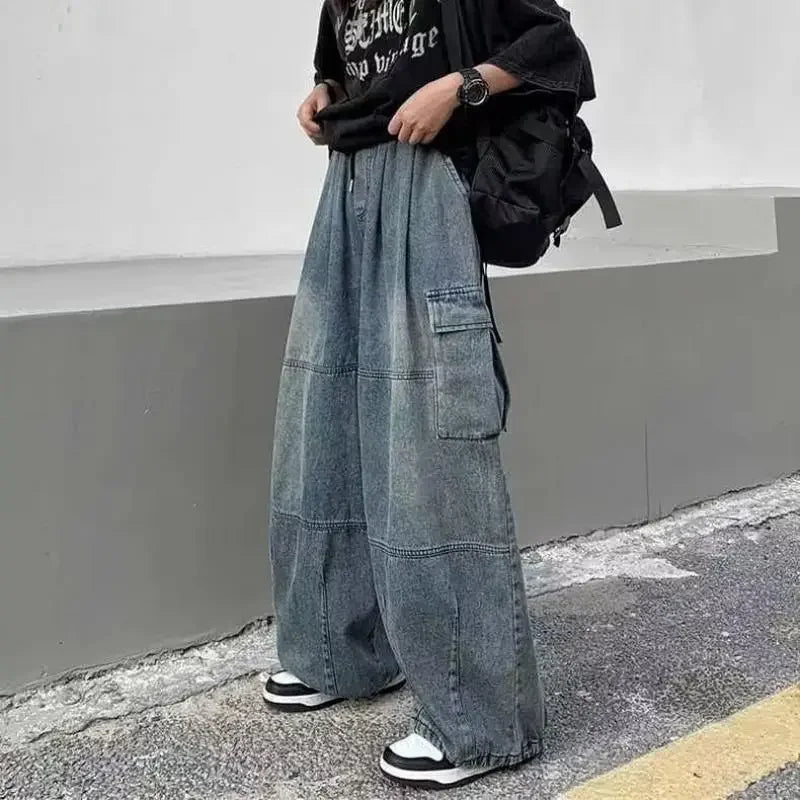 Men Retro Harajuku Wide Leg Jeans  Waist Streetwear Trousers