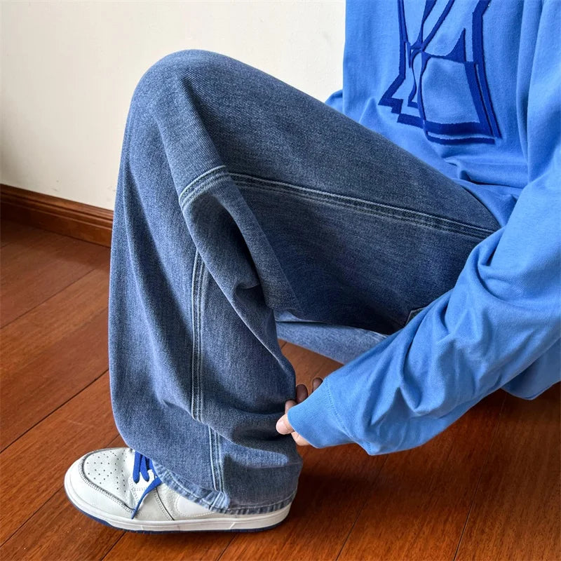 New Korean Fashion Men's Baggy Jeans High Street Man Straight Denim Wide-leg Pants Hip Hop Bagy Light Blue Grey Black