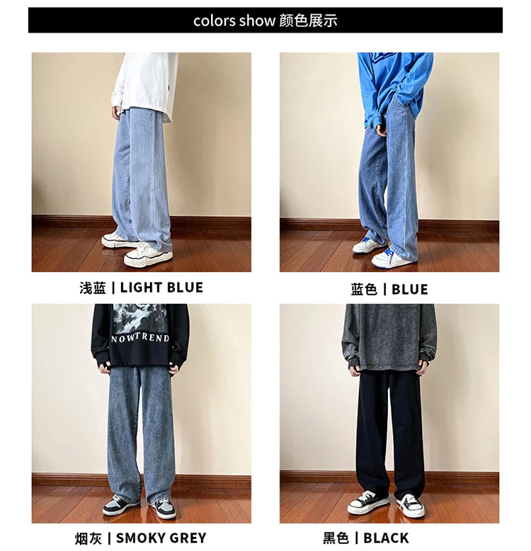 New Korean Fashion Men's Baggy Jeans High Street Man Straight Denim Wide-leg Pants Hip Hop Bagy Light Blue Grey Black