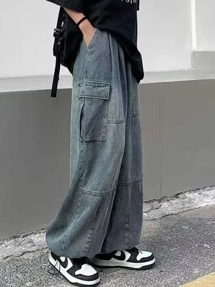 Men Retro Harajuku Wide Leg Jeans  Waist Streetwear Trousers