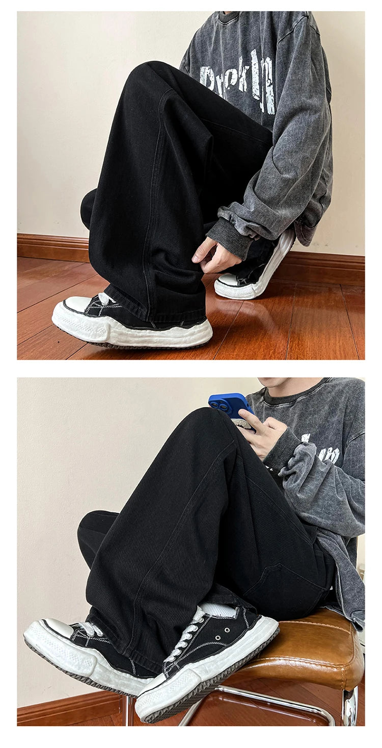 New Korean Fashion Men's Baggy Jeans High Street Man Straight Denim Wide-leg Pants Hip Hop Bagy Light Blue Grey Black