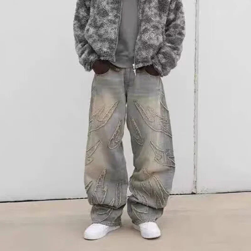 Men Baggy Aesthetic Streetwear Jeans Male Retro Fashion Wide Leg Denim Pants Graphic Embroidered Designer Hip Pop Denim Trousers