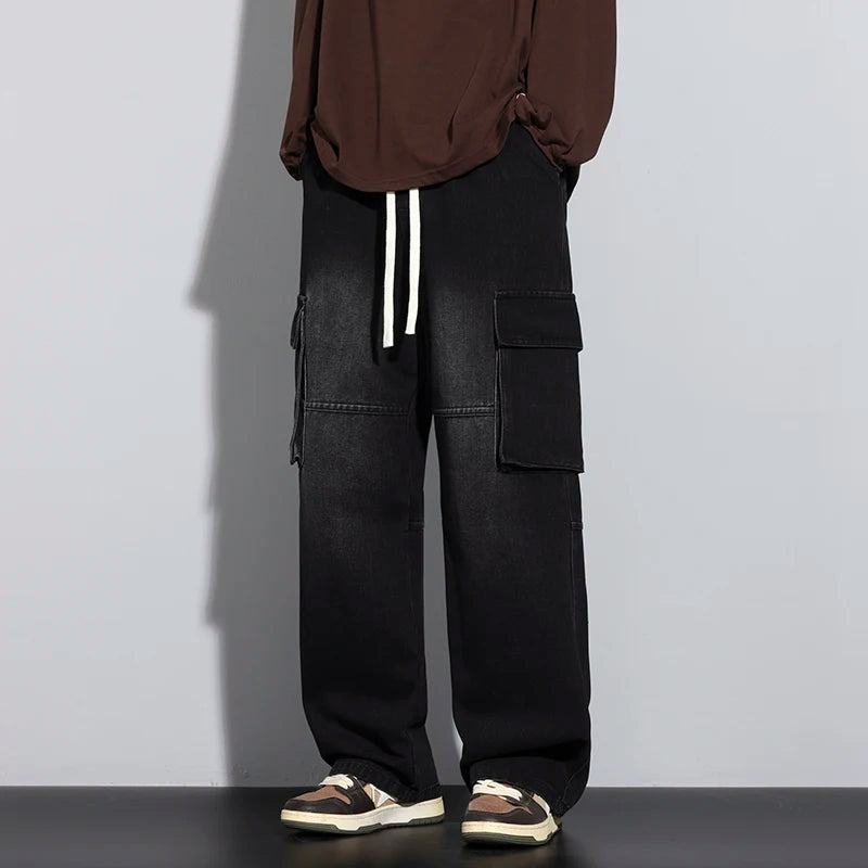 Baggy Men's Wide Leg Jeans Streetwear Fashion Big Pocket Cargo Pants Hip Hop Spliced Retro Loose Straight  Autumn Trousers