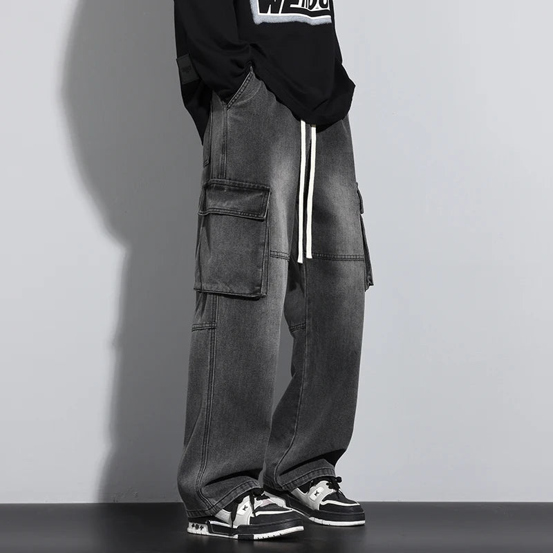Baggy Men's Wide Leg Jeans Streetwear Fashion Big Pocket Cargo Pants Hip Hop Spliced Retro Loose Straight  Autumn Trousers