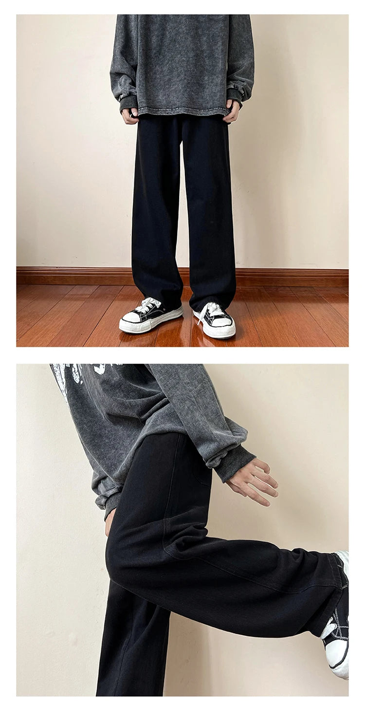 New Korean Fashion Men's Baggy Jeans High Street Man Straight Denim Wide-leg Pants Hip Hop Bagy Light Blue Grey Black