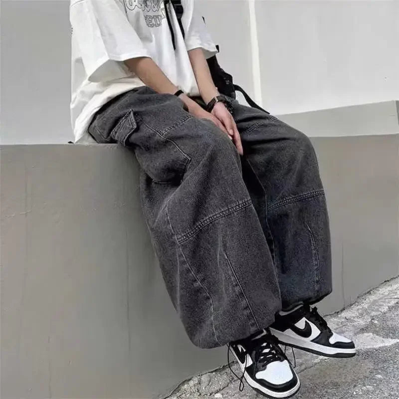 Men Retro Harajuku Wide Leg Jeans  Waist Streetwear Trousers