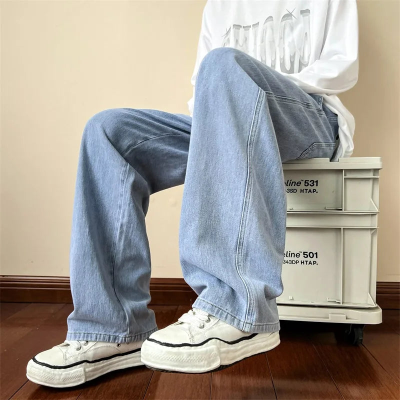 New Korean Fashion Men's Baggy Jeans High Street Man Straight Denim Wide-leg Pants Hip Hop Bagy Light Blue Grey Black