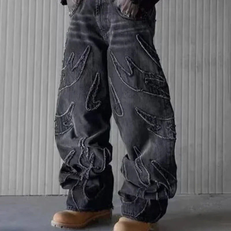 Men Baggy Aesthetic Streetwear Jeans Male Retro Fashion Wide Leg Denim Pants Graphic Embroidered Designer Hip Pop Denim Trousers