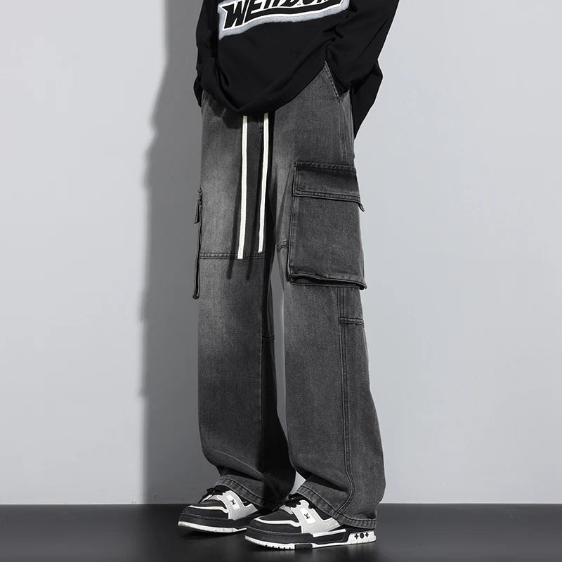 Baggy Men's Wide Leg Jeans Streetwear Fashion Big Pocket Cargo Pants Hip Hop Spliced Retro Loose Straight  Autumn Trousers
