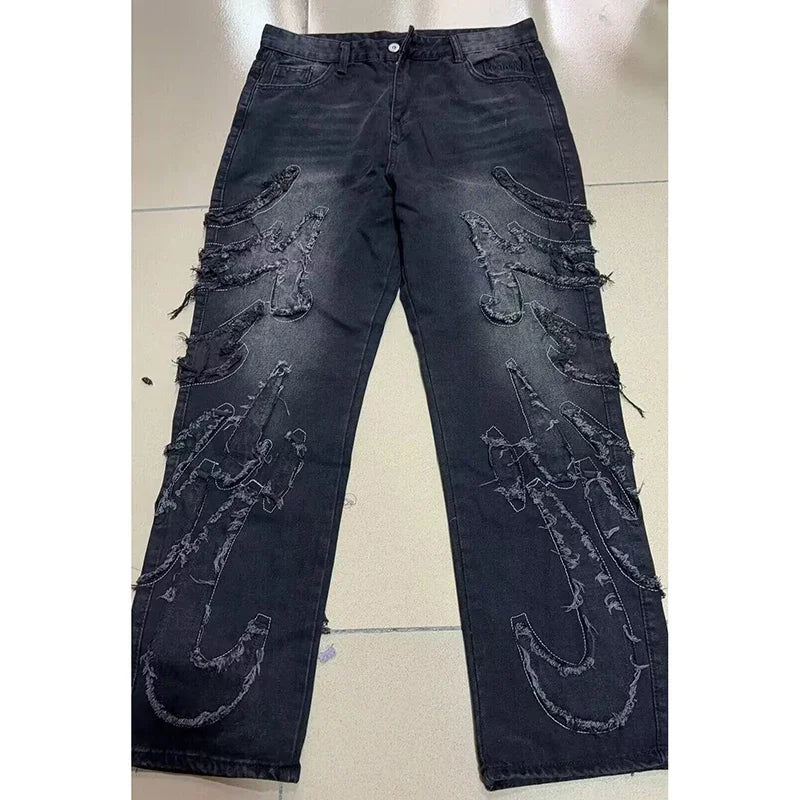 Men Baggy Aesthetic Streetwear Jeans Male Retro Fashion Wide Leg Denim Pants Graphic Embroidered Designer Hip Pop Denim Trousers