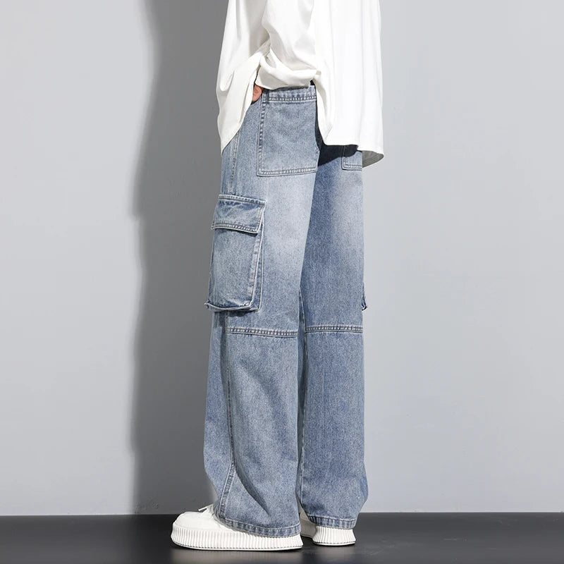 Baggy Men's Wide Leg Jeans Streetwear Fashion Big Pocket Cargo Pants Hip Hop Spliced Retro Loose Straight  Autumn Trousers