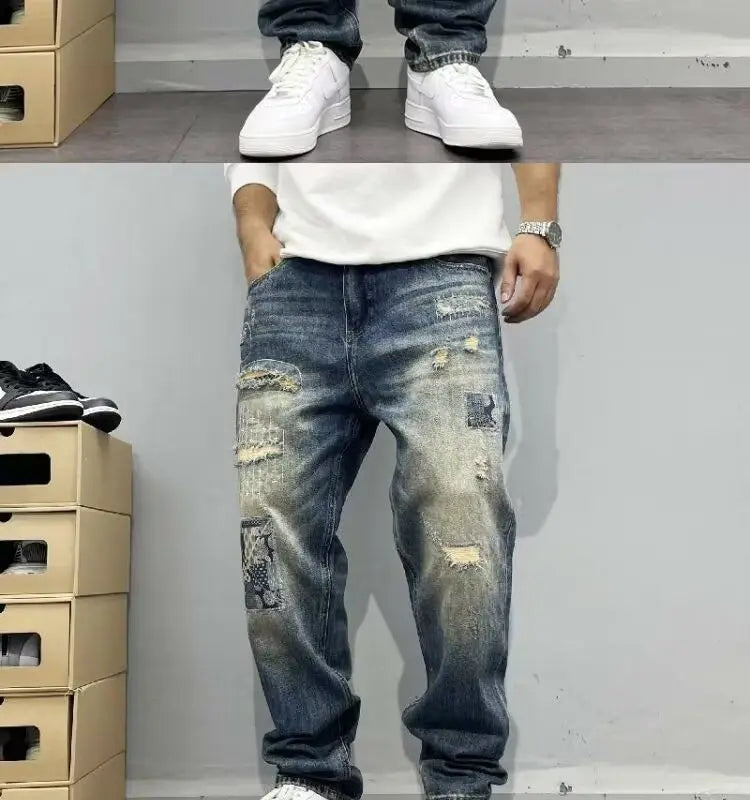 Baggy Jeans Vintage Distressed Patchwork Jeans Men's Street Streetwear