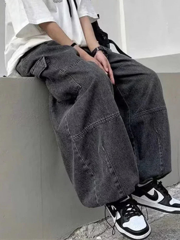 Men Retro Harajuku Wide Leg Jeans  Waist Streetwear Trousers