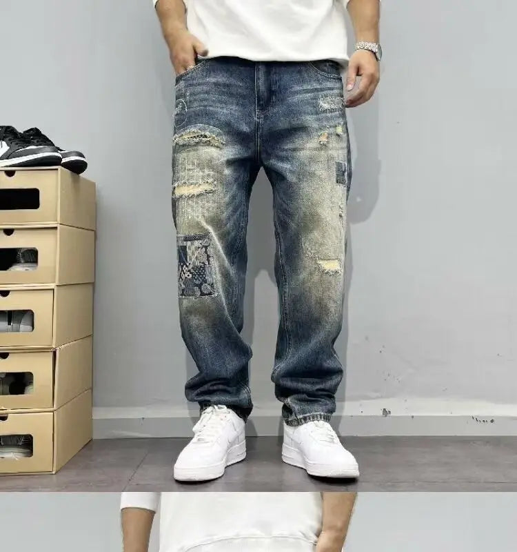 Baggy Jeans Vintage Distressed Patchwork Jeans Men's Street Streetwear