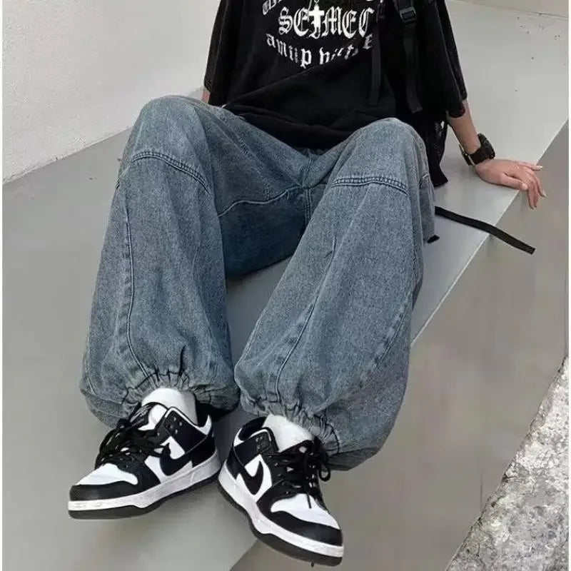Men Retro Harajuku Wide Leg Jeans  Waist Streetwear Trousers