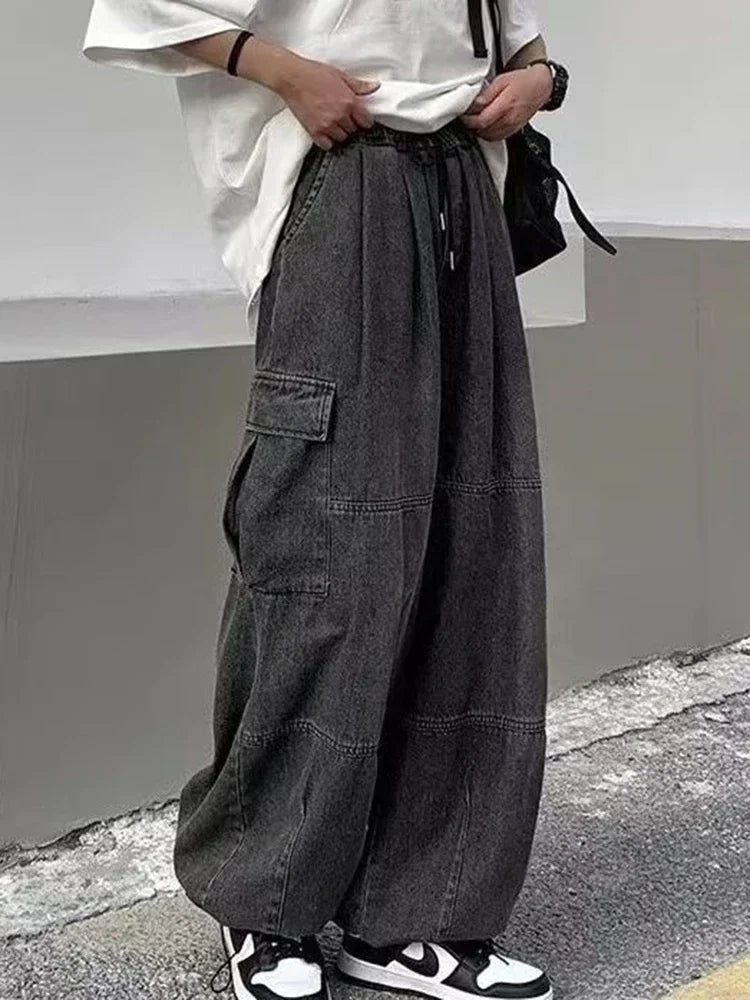 Men Retro Harajuku Wide Leg Jeans  Waist Streetwear Trousers