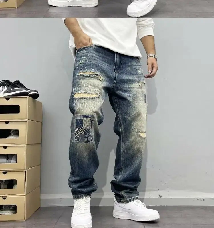 Baggy Jeans Vintage Distressed Patchwork Jeans Men's Street Streetwear