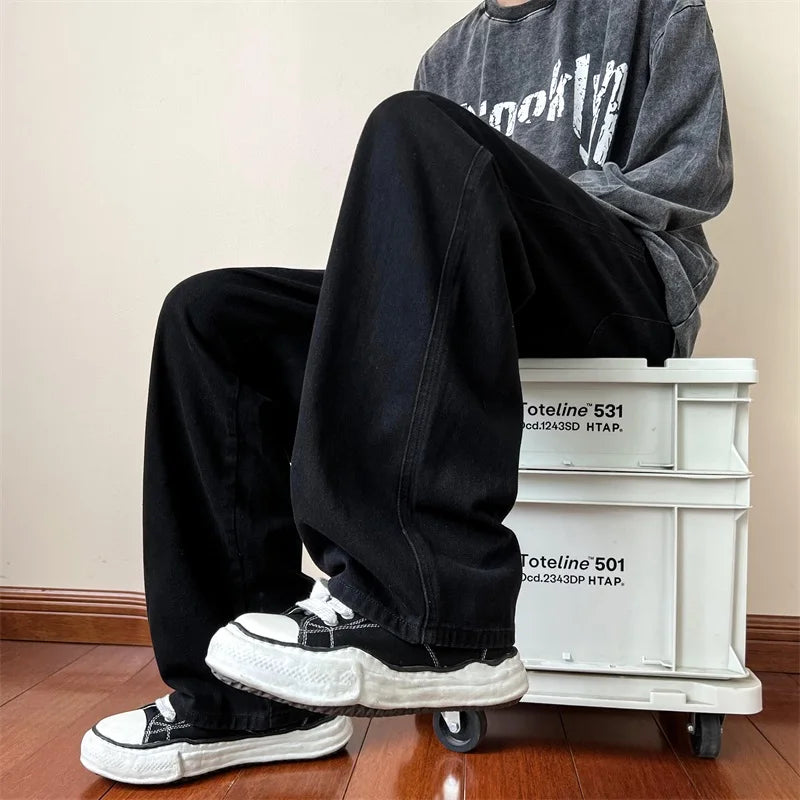 New Korean Fashion Men's Baggy Jeans High Street Man Straight Denim Wide-leg Pants Hip Hop Bagy Light Blue Grey Black