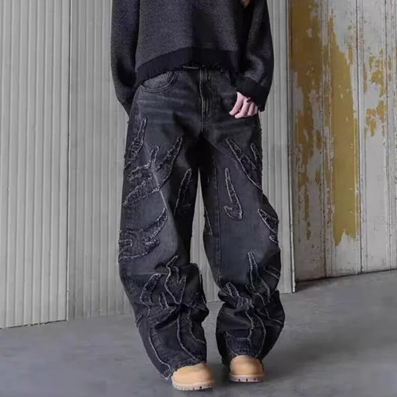 Men Baggy Aesthetic Streetwear Jeans Male Retro Fashion Wide Leg Denim Pants Graphic Embroidered Designer Hip Pop Denim Trousers