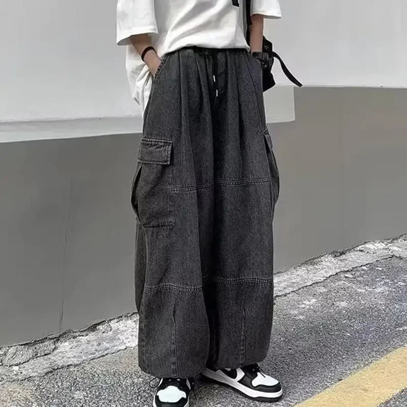 Men Retro Harajuku Wide Leg Jeans  Waist Streetwear Trousers