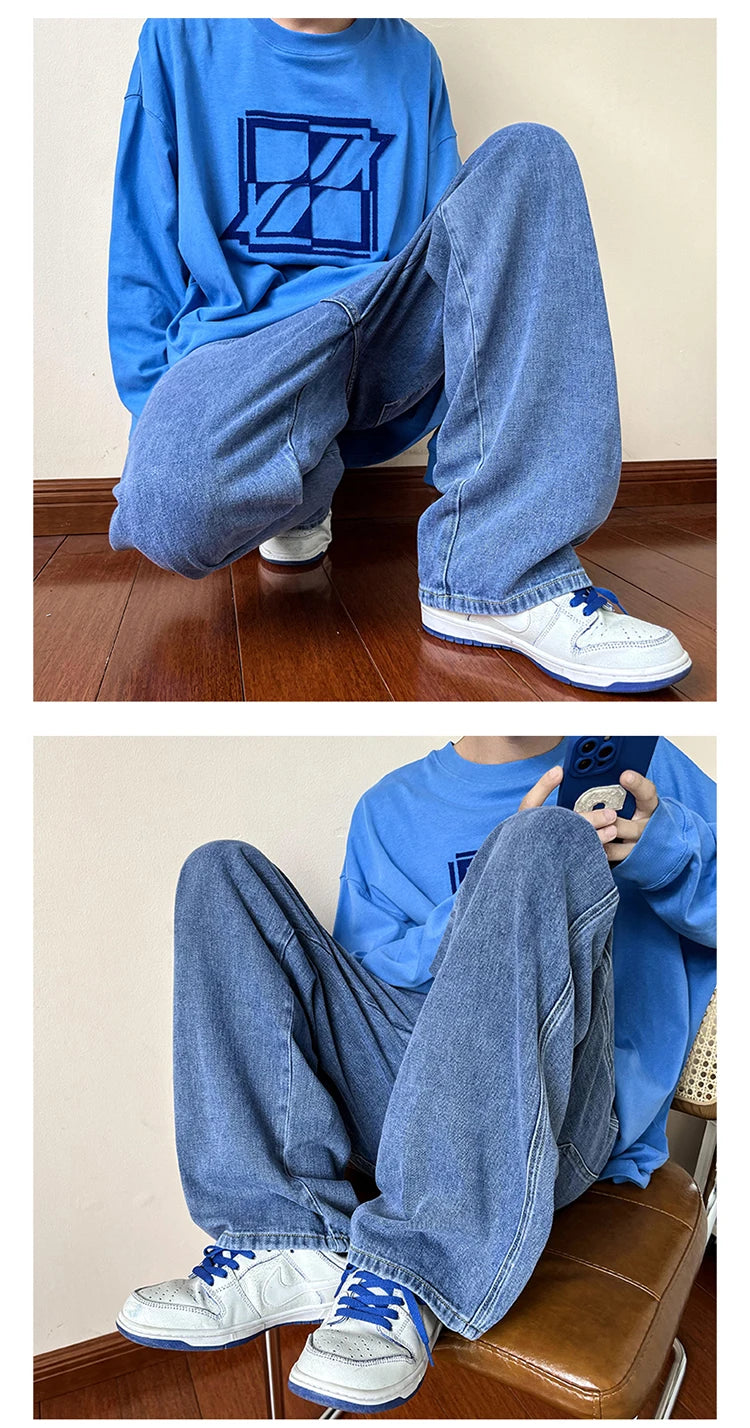 New Korean Fashion Men's Baggy Jeans High Street Man Straight Denim Wide-leg Pants Hip Hop Bagy Light Blue Grey Black