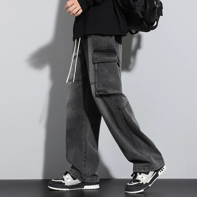 Baggy Men's Wide Leg Jeans Streetwear Fashion Big Pocket Cargo Pants Hip Hop Spliced Retro Loose Straight  Autumn Trousers