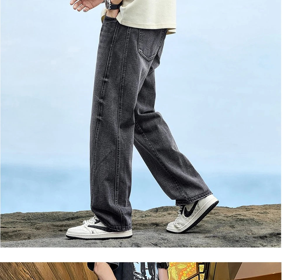 Men's Baggy Straight-Leg Denim Pants | Business Casual Wide-Loose Fit Jeans for Spring/Autumn All-Season Styling