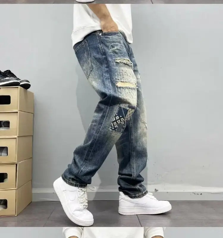Baggy Jeans Vintage Distressed Patchwork Jeans Men's Street Streetwear