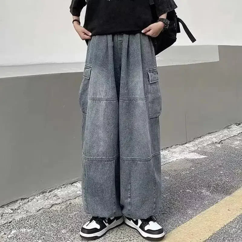 Men Retro Harajuku Wide Leg Jeans  Waist Streetwear Trousers
