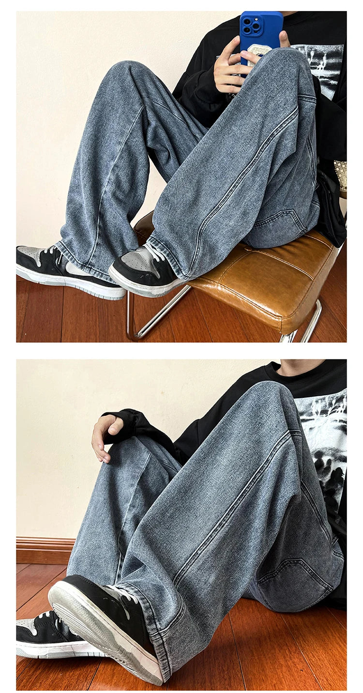 New Korean Fashion Men's Baggy Jeans High Street Man Straight Denim Wide-leg Pants Hip Hop Bagy Light Blue Grey Black