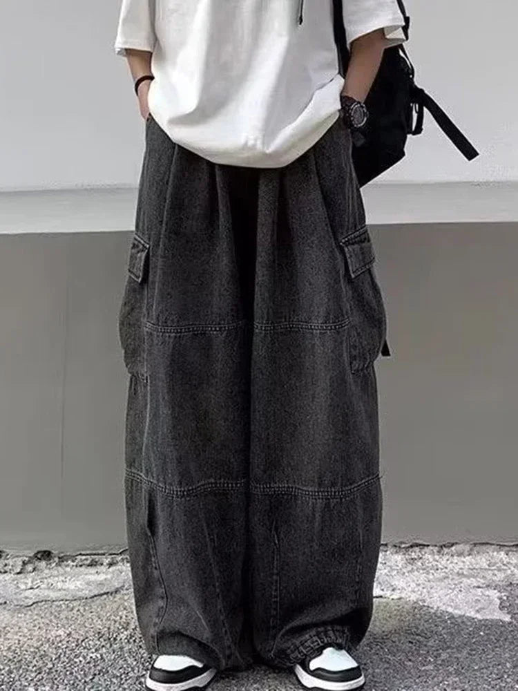 Men Retro Harajuku Wide Leg Jeans  Waist Streetwear Trousers