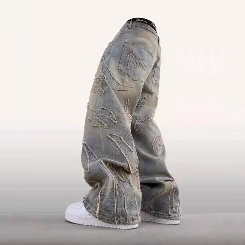 Men Baggy Aesthetic Streetwear Jeans Male Retro Fashion Wide Leg Denim Pants Graphic Embroidered Designer Hip Pop Denim Trousers