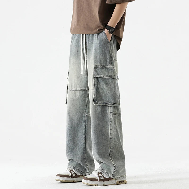 Baggy Men's Wide Leg Jeans Streetwear Fashion Big Pocket Cargo Pants Hip Hop Spliced Retro Loose Straight  Autumn Trousers