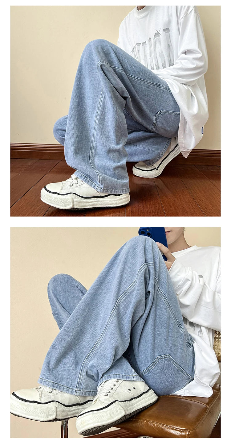 New Korean Fashion Men's Baggy Jeans High Street Man Straight Denim Wide-leg Pants Hip Hop Bagy Light Blue Grey Black