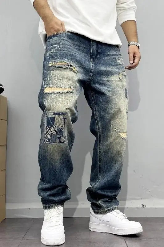 Baggy Jeans Vintage Distressed Patchwork Jeans Men's Street Streetwear